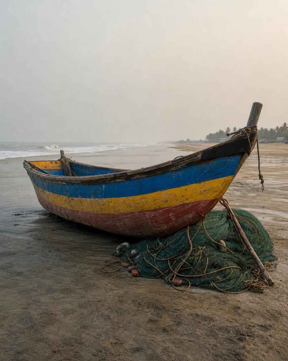A weathered fishing boat and nets on Vodarevu Beach near Chirala