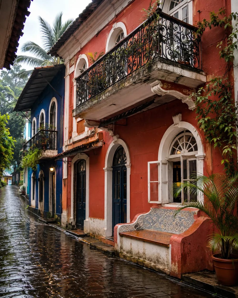 A rain-wet Fontainhas lane lined with colorful Portuguese-era houses in Goa