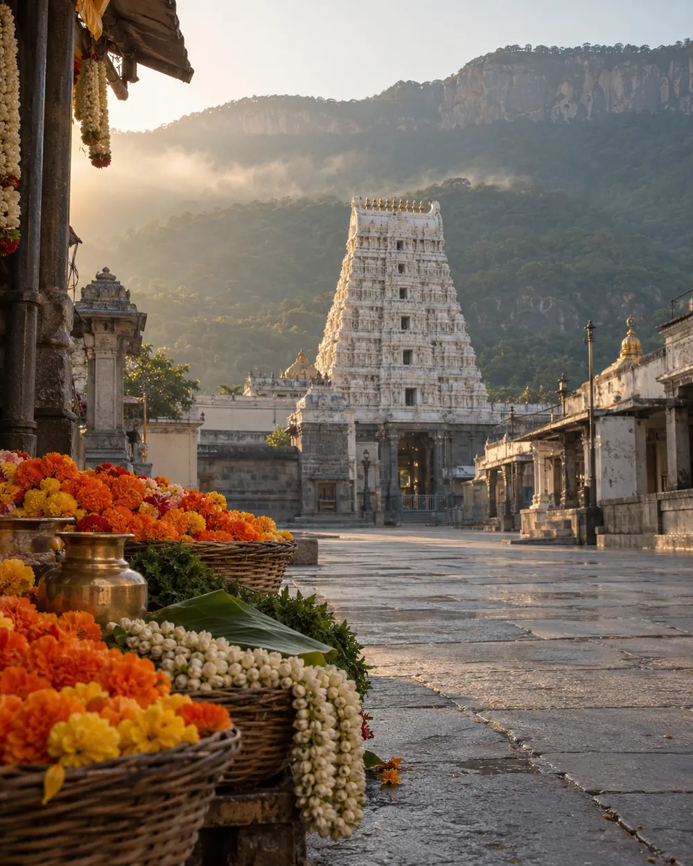 Marigold and jasmine baskets before a temple gopuram at dawn, under the Seshachalam hills at Tirupati